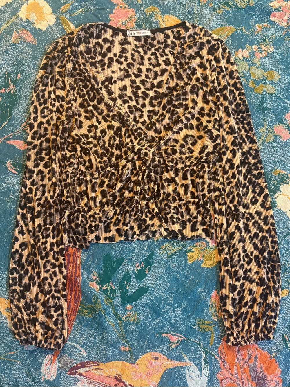 Zara Leopard Ruched V-Neck Long Sleeve Top - Tan & Black Size M